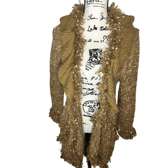 Urban Mango Women Gold Fluffy Sweater Cardigan Size M - Picture 1 of 13